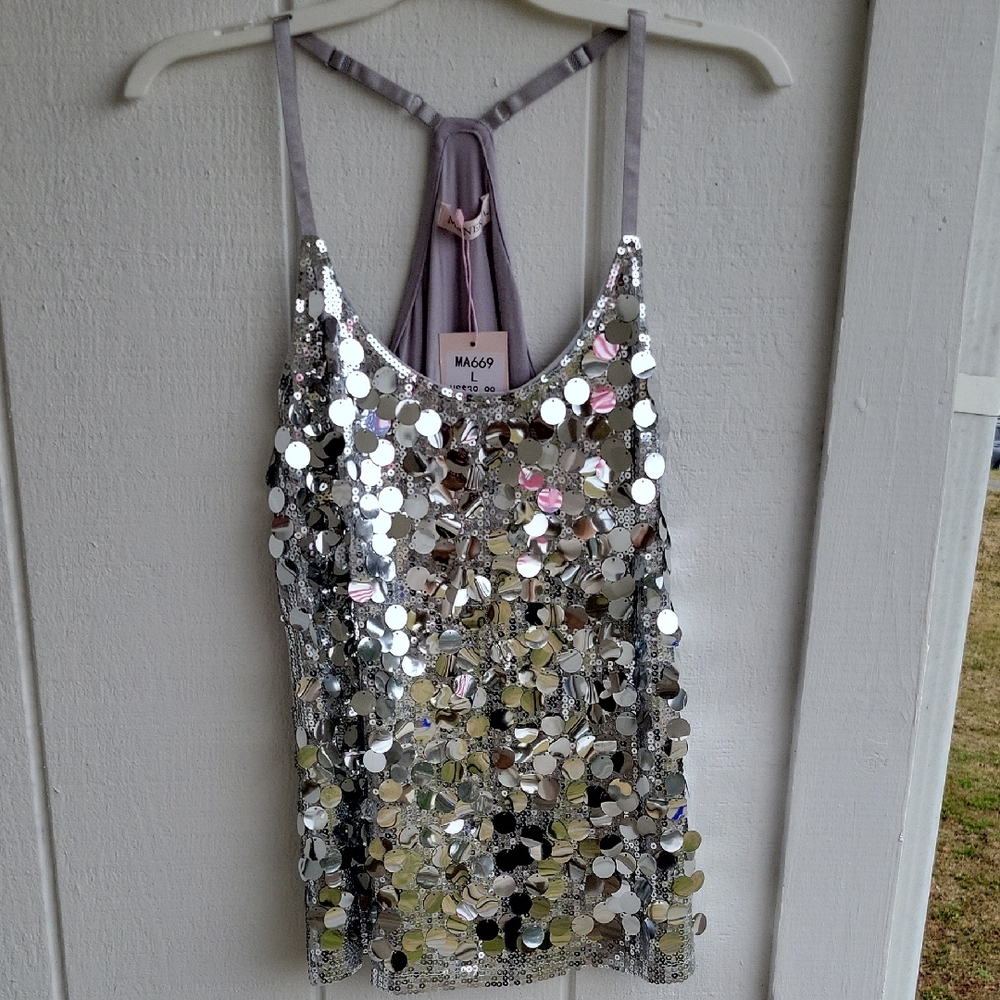 Silver Sequin Camisole Top Dressy Bling Party Cruise Fun